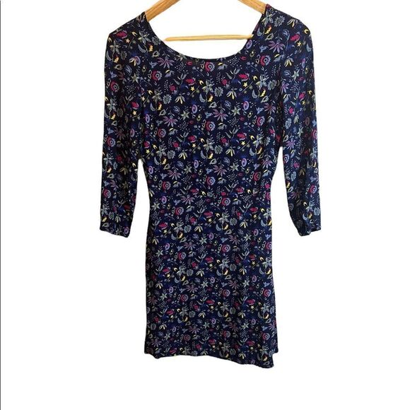 GAP Blue Floral Print Scoop Neck Long Sleeve Lightweight Flowy Mini Dress 2 - Picture 1 of 9